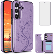 Asuwish Compatible with Samsung Galaxy A35 5G Wallet Phone Case Tempered Glass Screen Protector and Flower PU Leather Credit Card Holder Stand Slot Flip Cell Cover for A 35 35A A355G Women Men Purple