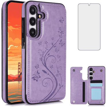 Asuwish Compatible with Samsung Galaxy A35 5G Wallet Phone Case Tempered Glass Screen Protector and Flower PU Leather Credit Card Holder Stand Slot Flip Cell Cover for A 35 35A A355G Women Men Purple