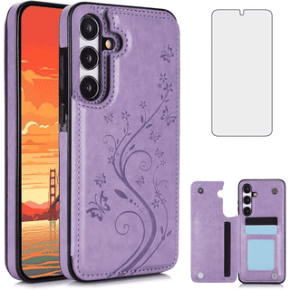 Asuwish Compatible with Samsung Galaxy A35 5G Wallet Phone Case Tempered Glass Screen Protector and Flower PU Leather Credit Card Holder Stand Slot Flip Cell Cover for A 35 35A A355G Women Men Purple