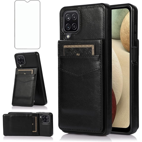 Asuwish Compatible with Samsung Galaxy A42 5G Wallet Phone Case Tempered Glass Screen Protector and Wrist Strap Ring RFID Card Holder PU Leather Cell Cover for A 42 G5 42A S42 4G 2021 Women Black