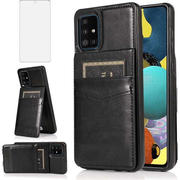 Asuwish Compatible with Samsung Galaxy A51 4G Wallet Phone Case Tempered Glass Screen Protector and Wrist Strap Ring RFID Card Holder PU Leather Cell Cover for A 51 M40S 51A A515F S51 Women Black