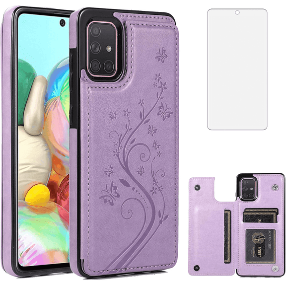Asuwish Compatible with Samsung Galaxy A51 5G/A 51 5G UW Verizon Wallet Phone Case Tempered Glass Screen Protector and Flower PU Leather Credit Card Holder Stand Cell Cover for 51A G5 S51 Men Purple