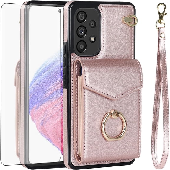Asuwish Credit Card Slot PU Leather Wallet Cell Phone Case with Ring & RFID Blocking and Tempered Glass Screen Protector for Samsung Galaxy A53 5G, RoseGold