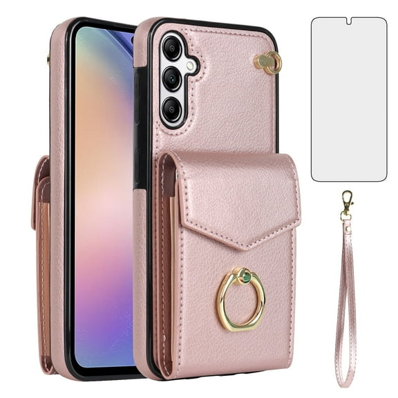 Asuwish Compatible with Samsung Galaxy A54 5G Wallet Phone Case Tempered Glass Screen Protector Ring RFID Credit Card Holder PU Leather Cell Cover for A545G A 54 54A 4G G5 SM A546U Girls Rose Gold