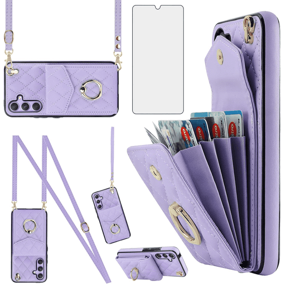 Asuwish Wallet RFID Blocking PU Leather Cell Phone Case with Tempered Glass Screen Protector, Wrist Strap for Samsung Galaxy A54, Purple