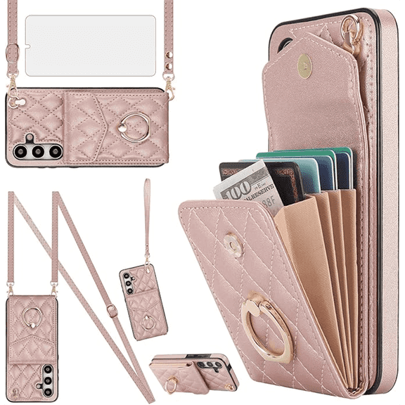 Asuwish Wallet RFID Blocking PU Leather Cell Phone Case with Tempered Glass Screen Protector, Wrist Strap for Samsung Galaxy A55, Rose Gold