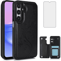 Asuwish Compatible with Samsung Galaxy A55 5G Wallet Phone Case Tempered Glass Screen Protector and Flower PU Leather Credit Card Holder Stand Slot Flip Cell Cover for A 55 55A A555G Women Men Black