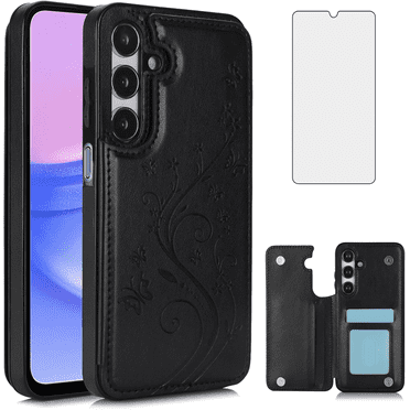 Asuwish Compatible with Samsung Galaxy A55 5G Wallet Phone Case Tempered Glass Screen Protector and Flower PU Leather Credit Card Holder Stand Slot Flip Cell Cover for A 55 55A A555G Women Men Black