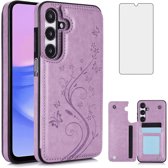 Asuwish Compatible with Samsung Galaxy A55 5G Wallet Phone Case Tempered Glass Screen Protector and Flower PU Leather Credit Card Holder Stand Slot Flip Cell Cover for A 55 55A A555G Women Men Purple