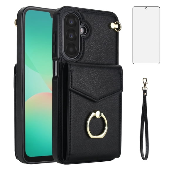 Asuwish Credit Card Slot PU Leather Wallet Cell Phone Case with Ring & RFID Blocking and Tempered Glass Screen Protector for Samsung Galaxy A56, Black