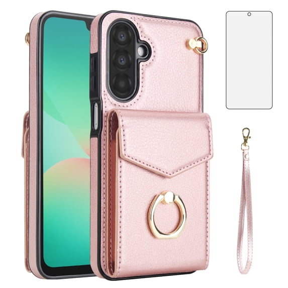 Asuwish Credit Card Slot PU Leather Wallet Cell Phone Case with Ring & RFID Blocking and Tempered Glass Screen Protector for Samsung Galaxy A56, RoseGold