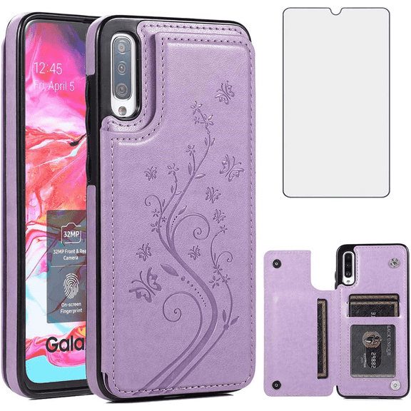 Asuwish Compatible with Samsung Galaxy A70 Wallet Phone Case Tempered Glass Screen Protector and Flower PU Leather Credit Card Holder Stand Slot Flip Cell Cover for A70S A 70 70A S70 Women Men Purple
