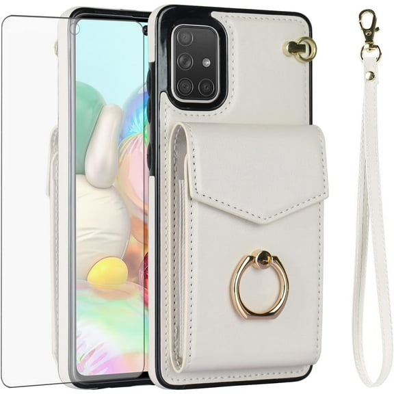 Asuwish Compatible with Samsung Galaxy A71 4G Wallet Phone Case Tempered Glass Screen Protector Ring Stand RFID Credit Card Holder Slot PU Leather Cell Cover for A 71 71A S71 A715F Women Girls White