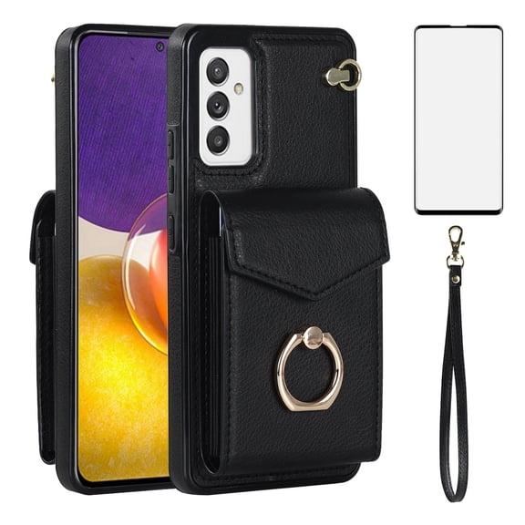Asuwish Credit Card Slot PU Leather Wallet Cell Phone Case with Ring & RFID Blocking and Tempered Glass Screen Protector for Samsung Galaxy A82 5G / Quantum 2, Black