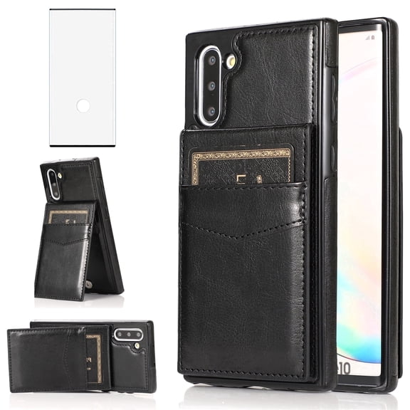 Asuwish Screen Protector Included PU Leather Soft Shell Wallet Cell Phone Case with Screen Protector for Samsung Galaxy Note 10, Black