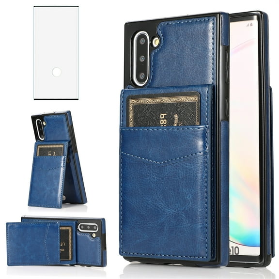 Asuwish Compatible with Samsung Galaxy Note 10 5G Wallet Phone Case Tempered Glass Screen Protector and Wrist Strap Ring RFID Credit Card Holder Cell Cover for Note10 Notes 10s Ten Not S10 Women Blue