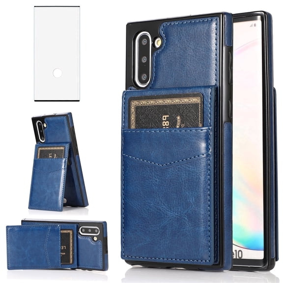 Asuwish Screen Protector Included PU Leather Soft Shell Wallet Cell Phone Case with Screen Protector for Samsung Galaxy Note 10, Blue