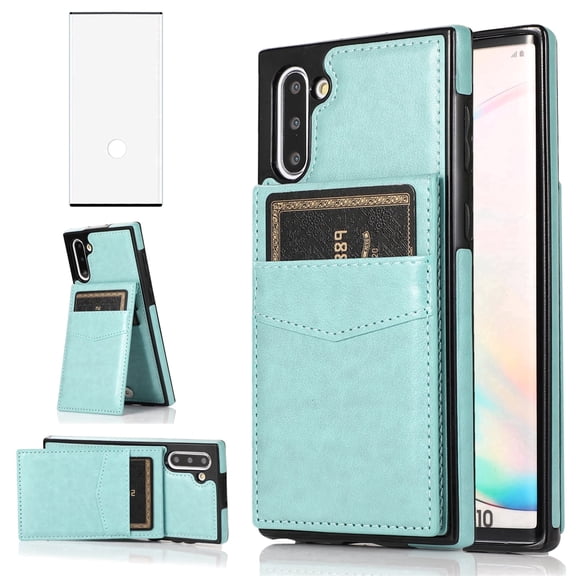 Asuwish Screen Protector Included PU Leather Soft Shell Wallet Cell Phone Case with Screen Protector for Samsung Galaxy Note 10, Teal