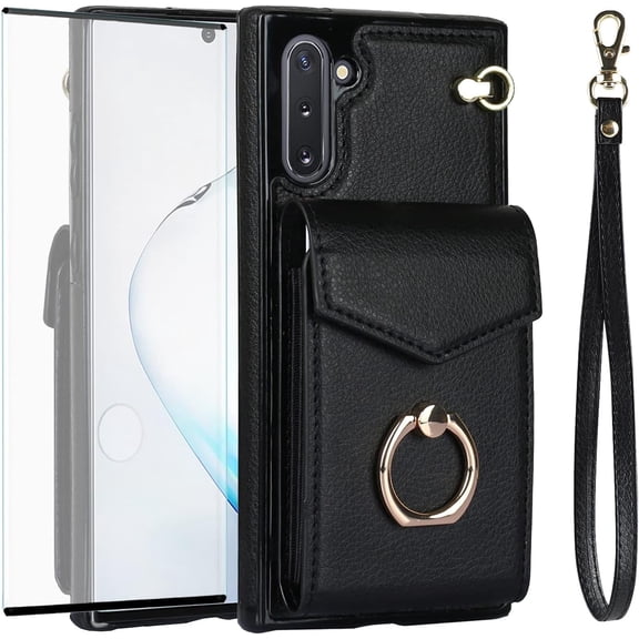 Asuwish Credit Card Slot PU Leather Wallet Cell Phone Case with Ring & RFID Blocking and Tempered Glass Screen Protector for Samsung Galaxy Note 10, Black