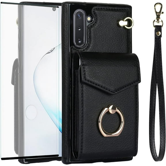 Asuwish Compatible with Samsung Galaxy Note 10 5G Wallet Phone Case Tempered Glass Screen Protector Ring RFID Credit Card Holder PU Leather Cell Cover for Note10 Notes 10s Ten Not S10 Girls Black