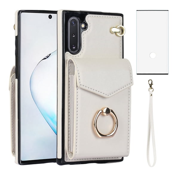 Asuwish Credit Card Slot PU Leather Wallet Cell Phone Case with Ring & RFID Blocking and Tempered Glass Screen Protector for Samsung Galaxy Note 10, White