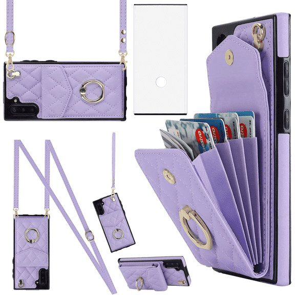Asuwish Wallet RFID Blocking PU Leather Cell Phone Case with Tempered Glass Screen Protector, Wrist Strap for Samsung Galaxy Note 10, Purple