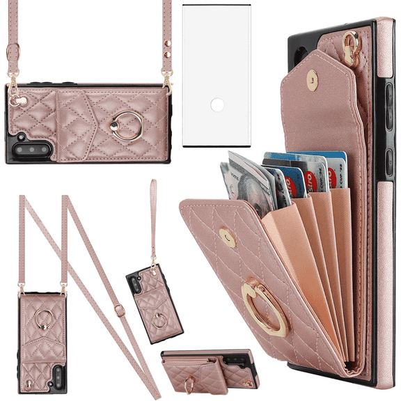 Asuwish Wallet RFID Blocking PU Leather Cell Phone Case with Tempered Glass Screen Protector, Wrist Strap for Samsung Galaxy Note 10, Rose Gold