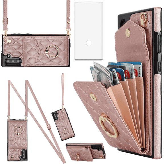 Asuwish Compatible with Samsung Galaxy Note 10 5G Wallet Phone Case Tempered Glass Screen Protector and Wrist Strap Ring RFID Card Holder Cell Cover for Note10 Notes 10s Ten Not S10 Women RoseGold