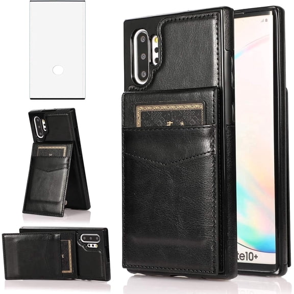 Asuwish Screen Protector Included PU Leather Soft Shell Wallet Cell Phone Case with Screen Protector for Samsung Galaxy Note 10 Plus, Black
