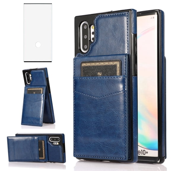 Asuwish Screen Protector Included PU Leather Soft Shell Wallet Cell Phone Case with Screen Protector for Samsung Galaxy Note 10 Plus, Blue