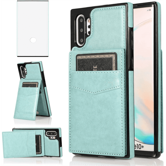Asuwish Compatible with Samsung Galaxy Note 10 Plus Note10+ 5G Wallet Phone Case Screen Protector and Wrist Strap Ring RFID Card Holder Cell Cover for Note10 + Notes 10+ Ten Not S10 10Plus Women Teal