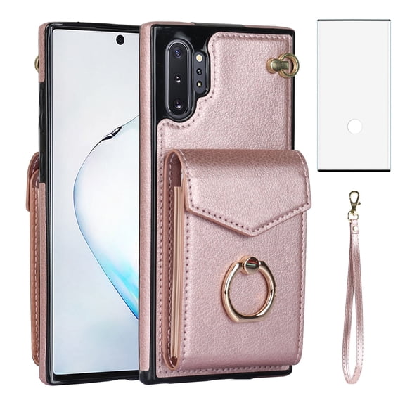 Asuwish Credit Card Slot PU Leather Wallet Cell Phone Case with Ring & RFID Blocking and Tempered Glass Screen Protector for Samsung Galaxy Note 10 Plus, RoseGold