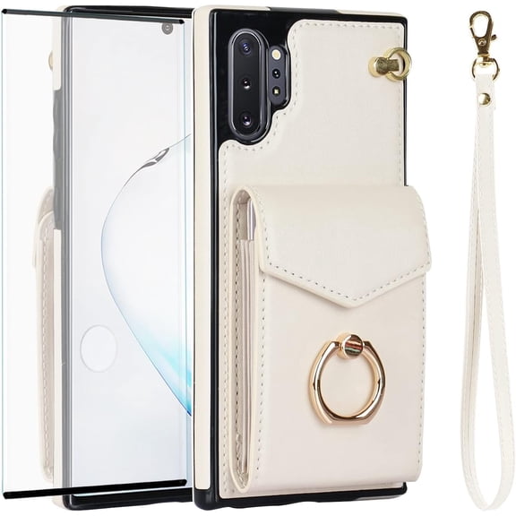 Asuwish Credit Card Slot PU Leather Wallet Cell Phone Case with Ring & RFID Blocking and Tempered Glass Screen Protector for Samsung Galaxy Note 10 Plus, White