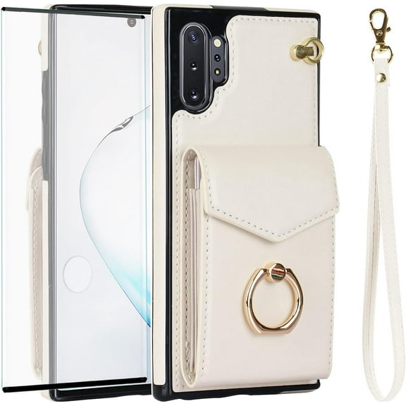 Asuwish Compatible with Samsung Galaxy Note 10 Plus Note10+ 5G Wallet Phone Case Tempered Glass Screen Protector Ring RFID Card Holder Cell Cover for Note10 + Notes 10+ Ten Not S10 10Plus Girls White