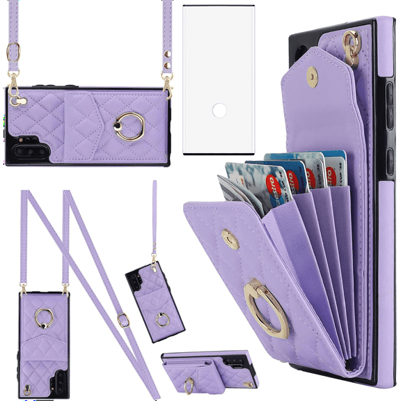 Asuwish Compatible with Samsung Galaxy Note 10 Plus Note10+ 5G Wallet Phone Case Screen Protector and Crossbody Ring RFID Card Holder Cell Cover for Note10 + Notes 10+ Ten Not S10 10Plus Women Purple