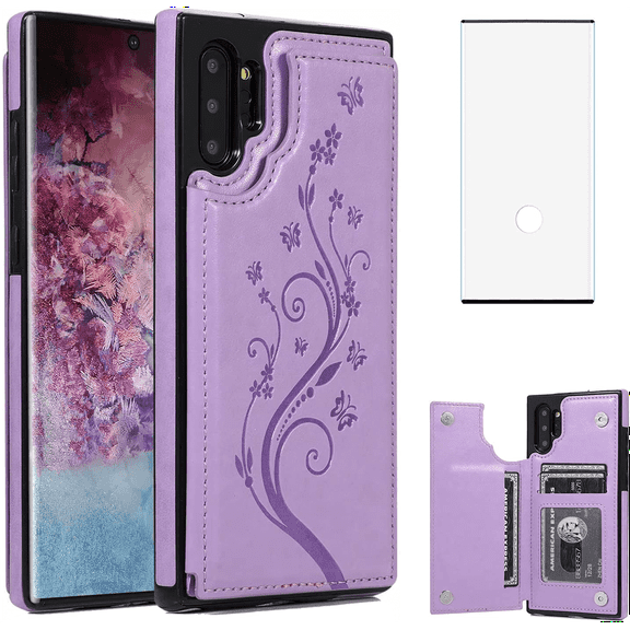 Asuwish Compatible with Samsung Galaxy Note 10 Plus Note10+ 5G Wallet Phone Case Screen Protector and Flower PU Leather Card Holder Stand Cell Cover for Note10 + Notes 10+ Ten Not S10 10Plus Purple