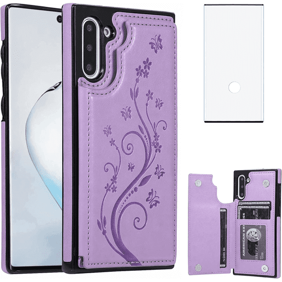 Asuwish Compatible with Samsung Galaxy Note 10 5G Wallet Phone Case Tempered Glass Screen Protector and Flower PU Leather Credit Card Holder Stand Cell Cover for Note10 Notes 10s Ten Not S10 Purple