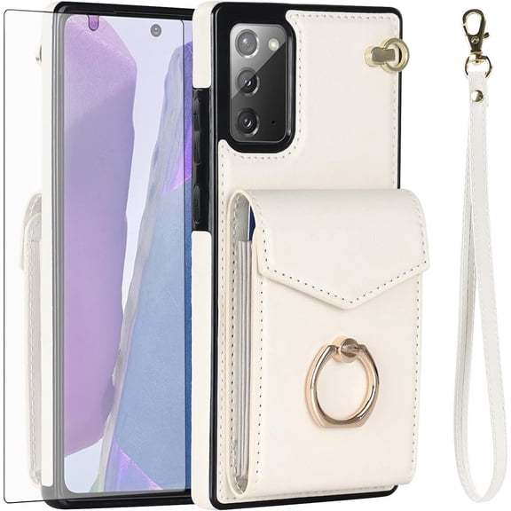 Asuwish Credit Card Slot PU Leather Wallet Cell Phone Case with Ring & RFID Blocking and Tempered Glass Screen Protector for Samsung Galaxy Note 20, White