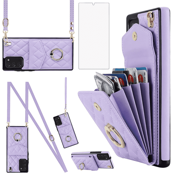 Asuwish Wallet RFID Blocking PU Leather Cell Phone Case with Tempered Glass Screen Protector, Wrist Strap for Samsung Galaxy Note 20, Purple