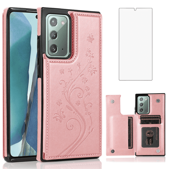 Asuwish Compatible with Samsung Galaxy Note 20 5G Wallet Phone Case Tempered Glass Screen Protector and Flower PU Leather Credit Card Holder Stand Cell Cover for Note20 Notes 20s Twenty Not S20 Pink