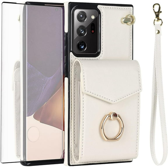 Asuwish Compatible with Samsung Galaxy Note 20 Ultra 5G Wallet Phone Case Screen Protector Ring RFID Credit Card Holder Cell Cover for Note20 Plus Notes 20Ultra Note20+ U + 20+ Twenty Not S20 White