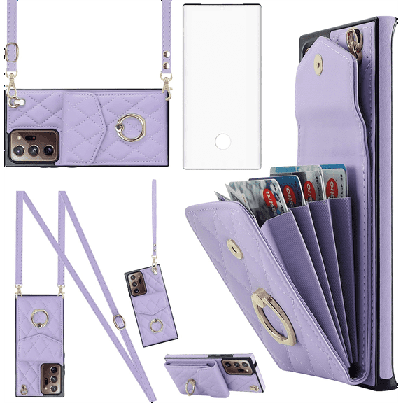 Asuwish Compatible with Samsung Galaxy Note 20 Ultra 5G Wallet Phone Case Screen Protector Ring RFID Card Holder Cell Cover for Note20 Plus Notes 20Ultra Note20+ U + 20+ Twenty Not S20 Women Purple