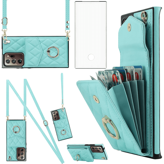Asuwish Compatible with Samsung Galaxy Note 20 Ultra 5G Wallet Phone Case Screen Protector and Ring RFID Card Holder Cell Cover for Note20 Plus Notes 20Ultra Note20+ U + 20+ Twenty Not S20 Women Teal