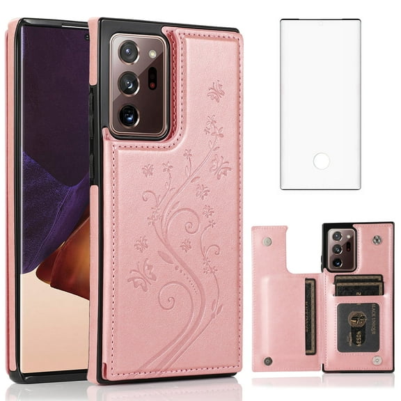Asuwish Compatible with Samsung Galaxy Note 20 Ultra 5G Wallet Phone Case Screen Protector and Flower Card Holder Stand Cell Cover for Note20 Plus Notes 20Ultra Note20+ U + 20+ Twenty Not S20 Pink