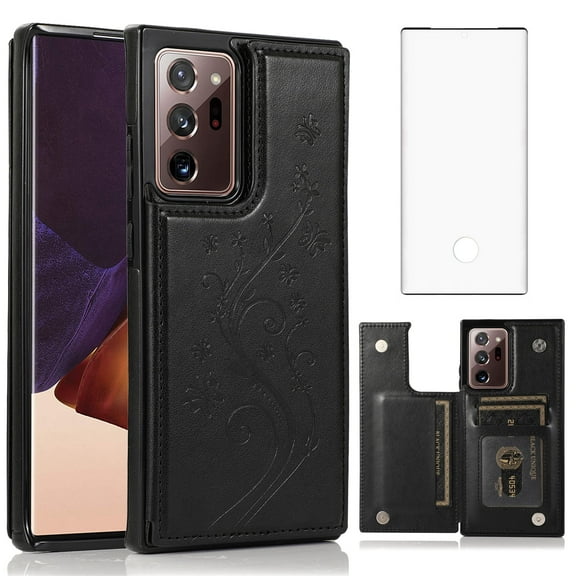 Asuwish Compatible with Samsung Galaxy Note 20 Ultra 5G Wallet Phone Case Screen Protector and Flower Card Holder Stand Cell Cover for Note20 Plus Notes 20Ultra Note20+ U + 20+ Twenty Not S20 Black