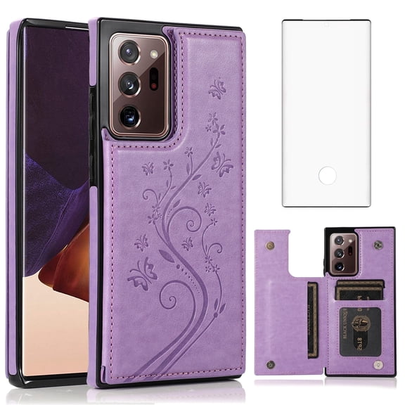 Asuwish Compatible with Samsung Galaxy Note 20 Ultra 5G Wallet Phone Case Screen Protector and Flower Card Holder Stand Cell Cover for Note20 Plus Notes 20Ultra Note20+ U + 20+ Twenty Not S20 Purple