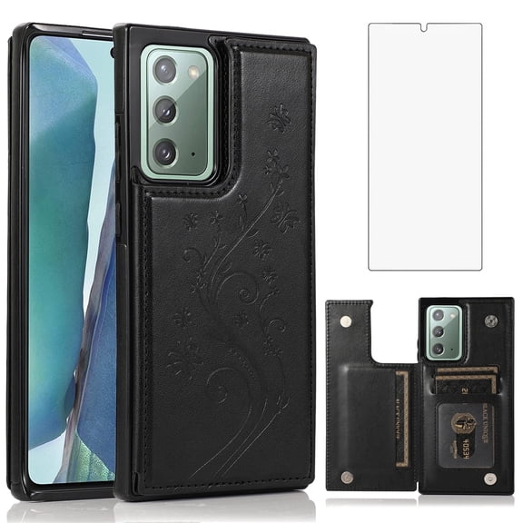 Asuwish Compatible with Samsung Galaxy Note 20 5G Wallet Phone Case Tempered Glass Screen Protector and Flower PU Leather Credit Card Holder Stand Cell Cover for Note20 Notes 20s Twenty Not S20 Black