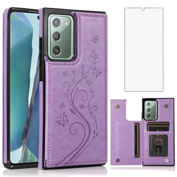 Asuwish Compatible with Samsung Galaxy Note 20 5G Wallet Phone Case Tempered Glass Screen Protector and Flower PU Leather Card Holder Stand Cell Cover for Note20 Notes 20s Twenty Not S20 Women Purple