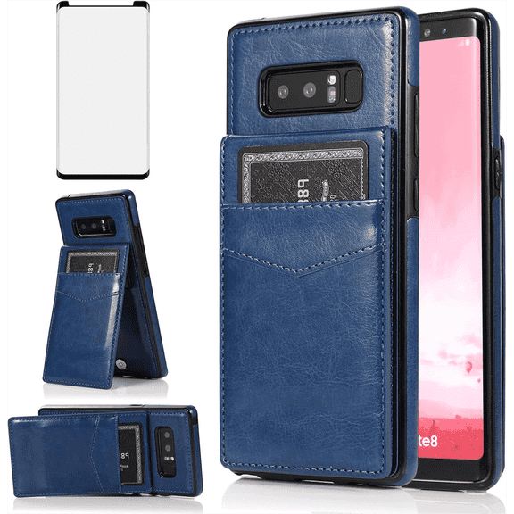 Asuwish Screen Protector Included PU Leather Soft Shell Wallet Cell Phone Case with Screen Protector for Samsung Galaxy Note 8, Blue