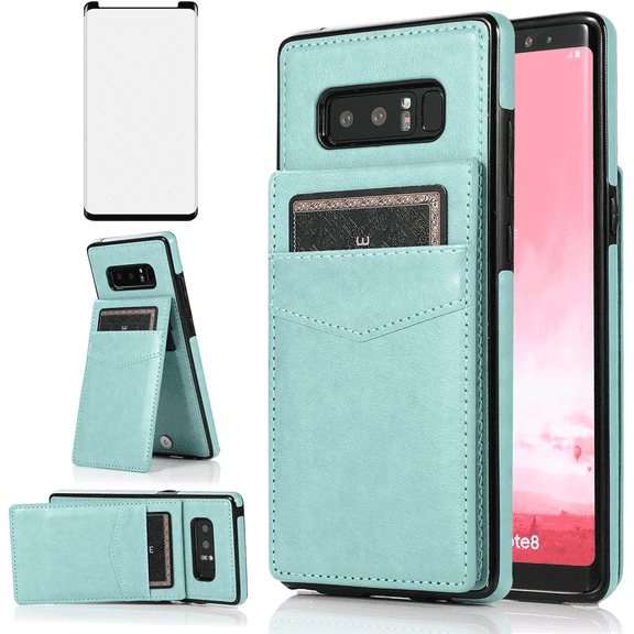 Asuwish Compatible with Samsung Galaxy Note 8 Wallet Phone Case Tempered Glass Screen Protector and Wrist Strap Ring RFID Credit Card Holder PU Leather Cell Cover for Note8 Not S8 Gaxaly Women Teal